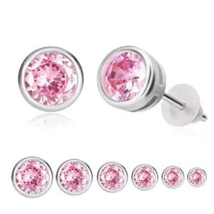 Uhani iz srebra 925 – rožnat cirkon, okrogla objemka, čepki - Velikost kroglice: 3 mm