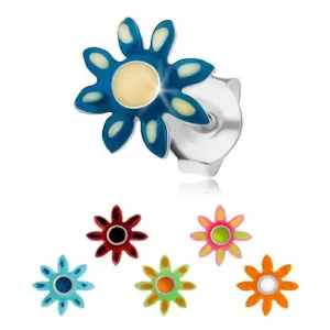 Uhani iz srebra čistine 925, cvet z barvno glazuro, izbočena sredina, čepka - Barva: Svetlo modra