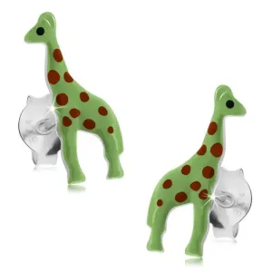 Vtični uhani, srebro 925, neonsko zelena žirafa z rdečimi pikami