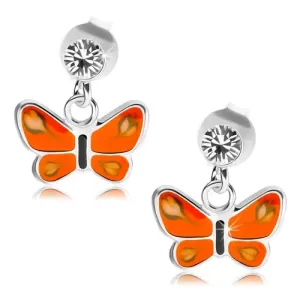 Vtični uhani, srebro 925, prozoren kristal, metulj z oranžnimi krili