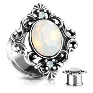 Tunel za uho v srebrni barvi, ovalni sintetični opal, filigranski okras - Širina: 6 mm