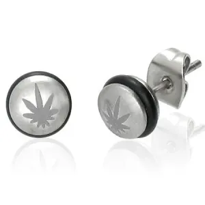 Jekleni uhani, polkroglica s črno gumico in listom marihuane