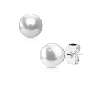 Jekleni uhani srebrne barve z belim umetnim biserom - Premer: 5 mm