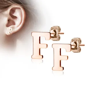 Jekleni uhani v bakreni barvi - črka “F”, vtični uhani