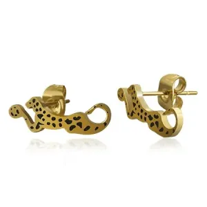 Jekleni uhani zlate barve - ležeč leopard s črnimi pikami