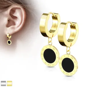 Okrogli jekleni uhani – krog z gladko črno glazuro, linija z rimskimi številkami - Barva: Zlata