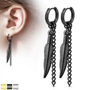 Okrogli jekleni uhani – z obeskom v obliki peresa s kratko verižico - Barva: Črna