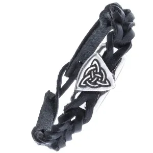 Črna usnjena zapestnica - pletena, keltski vozel s krogom