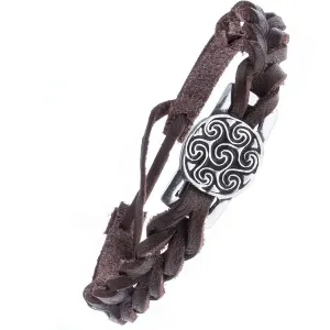 Rjava usnjena pletena zapestnica - ploščica, keltski motiv sonca