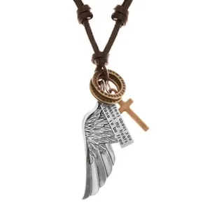 Nastavljiva usnjena ogrlica, obeski - angelsko krilo, obročka, križ in ploščice