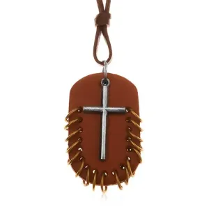 Ogrlica iz umetnega usnja, obeska - oval rjave barve z obročki in križ