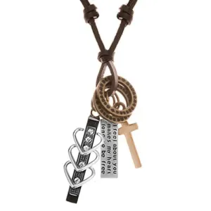 Ogrlica z obeski - črn pašček s srcema in cirkoni, križ, ploščica, obročka