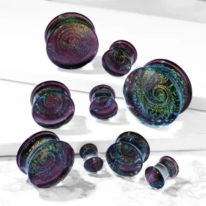 Stekleni vstavek za uho - vijolična, motiv galaksije, spirala z barvanimi bleščicami - Širina piercinga: 14 mm