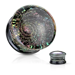 Ušesni vstavek iz stekla - spodnji del v črni barvi z večbarvnimi bleščicami, motiv vesolja - Širina: 10 mm