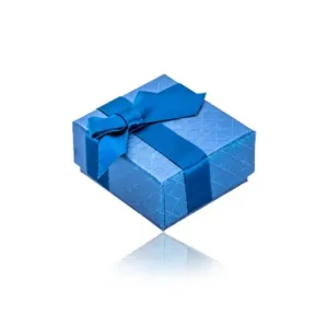 Biserno modra škatla za nakit - fine kvadratne teksture, satenasti trak s pentljo temno modre barve