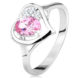 Prstan srebrne barve, obris srca z rožnatim ovalom in prozornimi cirkoni - Velikost: 51