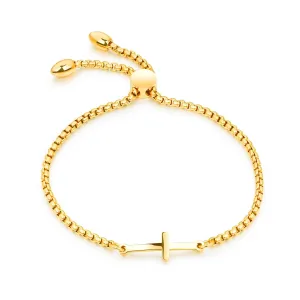 Jeklena zapestnica zlate barve – izbočen križ, oglata verižica, zapiranje z drsno zaponko