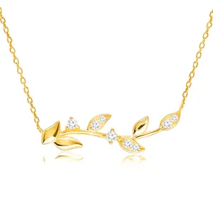14K diamantna ogrlica iz rumenega zlata – vejica z gladkimi listi z brilijanti