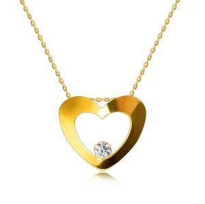 Briljantna ogrlica iz rumenega 14K zlata - silhueta srca z brušenim okroglim diamantom na dnu