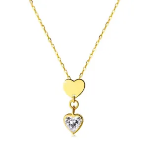 Ogrlica iz 14-karatnega rumenega zlata – sijoče simetrično srce in prozoren cirkon v obliki srca