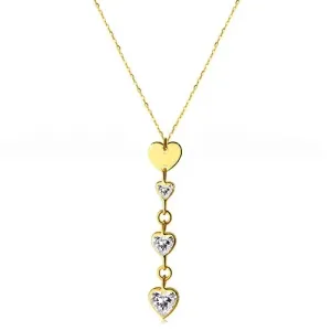 Ogrlica iz 14-karatnega rumenega zlata – trije prozorni cirkoni v obliki src