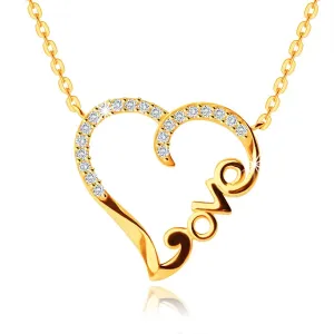 Ogrlica iz 14K rumenega zlata - zvit trak v obliki srca in napisom 'Love', prozorni cirkoni
