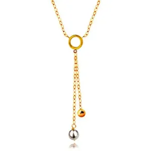 Ogrlica iz 14K zlata – bel biser in sijoča kroglica na verižici, ploščat krog