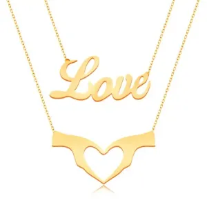 Ogrlica iz 9-k rumenega zlata - dvojna verižica, napis Love in srce, ki ga tvorita roki