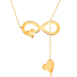 Ogrlica iz rumenega zlata 585 - ozka verižica, ploščat znak neskončnosti in srce