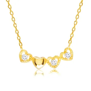 Ogrlica z diamanti iz 14K rumenega zlata - povezana srca, prozorni brilijanti