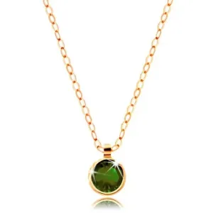 Zlata verižica 585 - okrogel olivno zelen cirkon, sijoča ​​verižica iz ovalnih členov