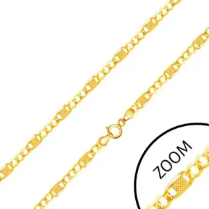Verižica iz rumenega 14K zlata - trije obročki, dolg člen z mrežo, 450 mm