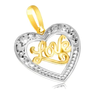 Obesek iz 9-karatnega zlata – sijoče simetrično srce z napisom »Love«