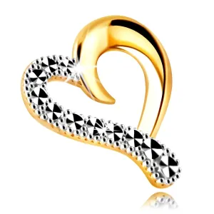 Obesek iz kombiniranega 14-karatnega zlata - asimetrično srce, podaljšana bleščeča linija