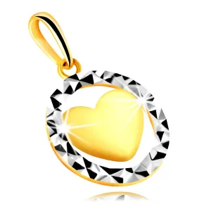 Obesek iz kombiniranega 375 zlata - oris kroga s trikotnim izrezom, izbočeno srce