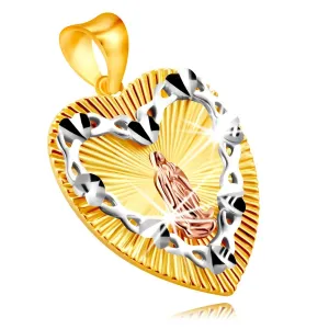 Obesek iz kombiniranega 375 zlata - žeton v obliki srčka, obris srca z Devico Marijo