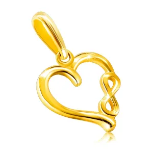 Obesek iz rumenega zlata 585 – simbol neskončnosti v sijoči konturi srca z gladko površino