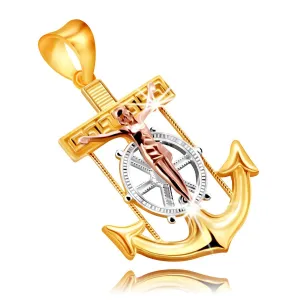 Obesek v kombiniranem 9-karatnem zlatu - mornarsko sidro z Jezusom na križu