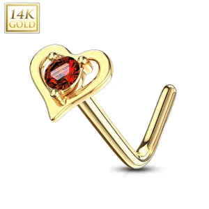 Piercing za nos iz 14-karatnega rumenega zlata – rdeč okrogel cirkon, ukrivljen konec, v obliki srca