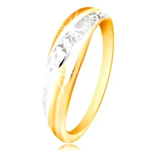 14-k zlati prstan – linija iz belega in rumenega zlata, lesketava brušena površina - Velikost: 48