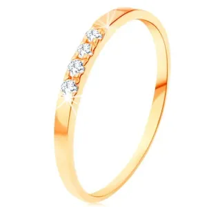 14-k zlati prstan - linija štirih prozornih diamantov, tanka sijoča kraka - Velikost: 55