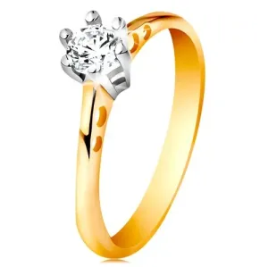 14-k zlati prstan – okrogli izrezi na krakih, prozoren cirkon v objemki iz belega zlata - Velikost: 60