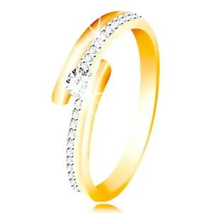 14-k zlati prstan – razcepljena kraka v kombinaciji z belim zlatom, izbočen okrogel cirkon prozorne barve - Velikost: 49