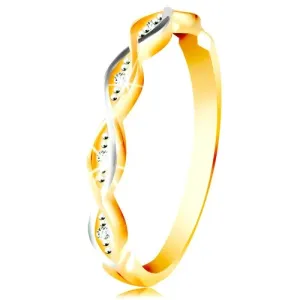 14-k zlati prstan - tanka prepletena valova iz belega in rumenega zlata, cirkoni - Velikost: 49