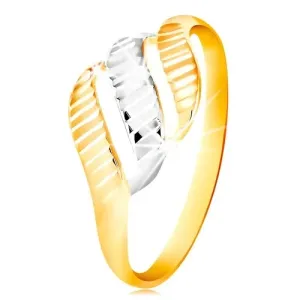 14-k zlati prstan – trije valovi iz rumenega in belega zlata, sijoči vtisi - Velikost: 49
