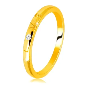14K diamantni obroček iz rumenega zlata - napis „LOVE“ z briljantom, gladka površina, 1,5 mm  - Velikost: 51