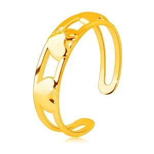 9K zlat prstan – tri srca simetrične oblike in zrcalnate površine med dvema linijama - Velikost: 49