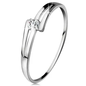 Briljantni prstan iz 14-k belega zlata – razcepljena sijoča kraka, prozoren diamant - Velikost: 49