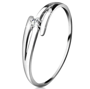 Briljantni prstan iz 14-k belega zlata – razcepljena valovita kraka, prozoren diamant - Velikost: 50