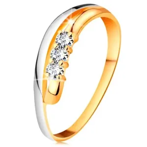 Briljantni prstan iz 14-k zlata, valovite dvobarvne linije krakov, trije prozorni diamanti - Velikost: 61